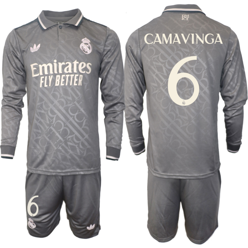 Men 2024-2025 Club Real Madrid away Long Sleeves Grey #6 Soccer Jersey->real madrid jersey->Soccer Club Jersey
